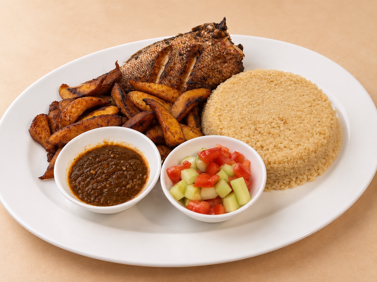 Attieke with Fried Fish and Plantain at Calabash Lounge